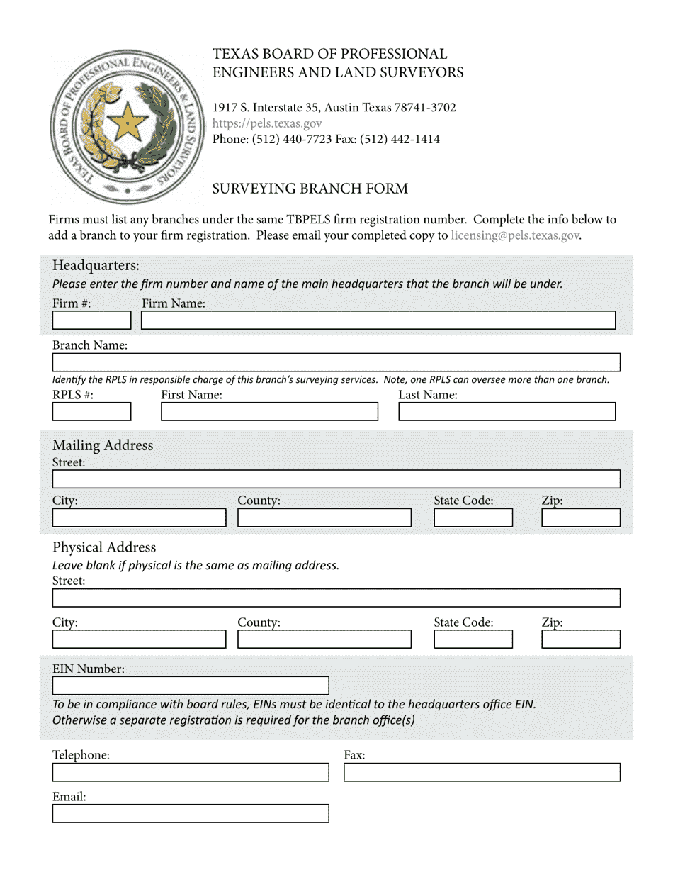 Surveying Branch Form - Texas, Page 1