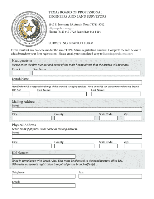 Surveying Branch Form - Texas Download Pdf
