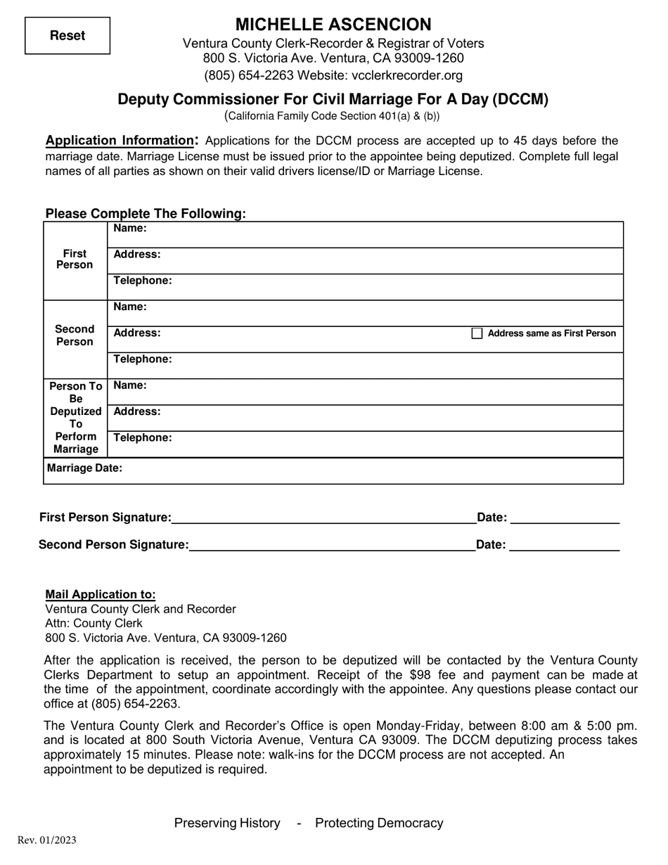 Deputy Commissioner for Civil Marriage for a Day (Dccm) - Ventura County, California, Page 1