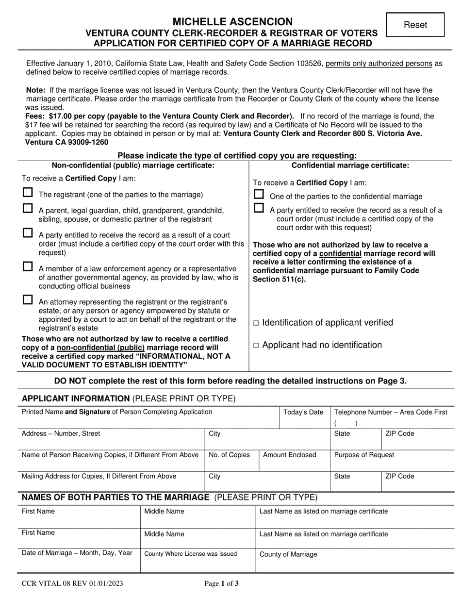 Form CCR VITAL08 Application for Certified Copy of a Marriage Record - Ventura County, California, Page 1