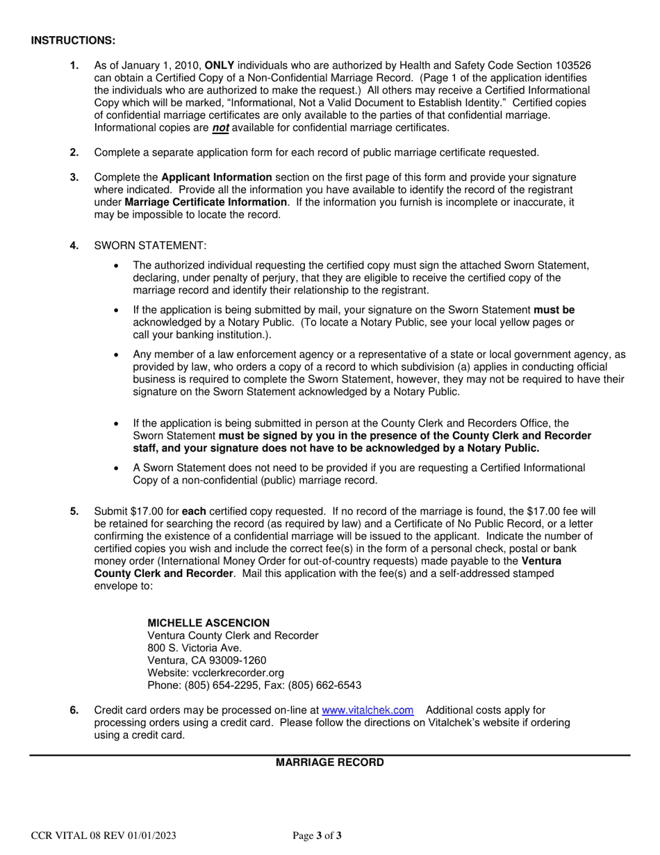 Form CCR VITAL08 Application for Certified Copy of a Marriage Record - Ventura County, California, Page 3