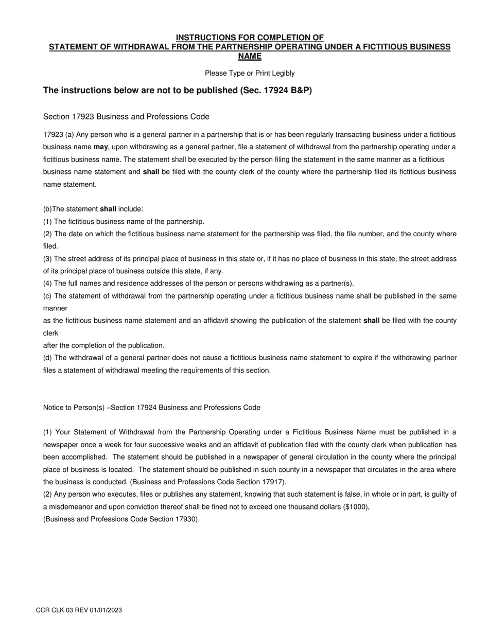 Form CCR CLK03 Statement of Withdrawal From the Partnership Operating Under a Fictitious Business Name - Ventura County, California, Page 2