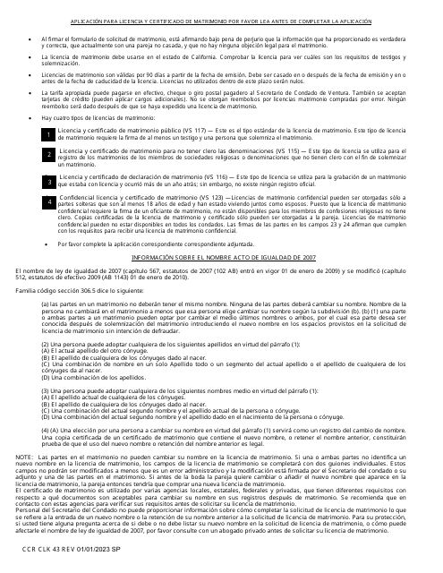 Formulario CCR CLK43 Solicitud De Licencia Publica De Matrimonio Debe Ser Legible - Ventura County, California (Spanish)