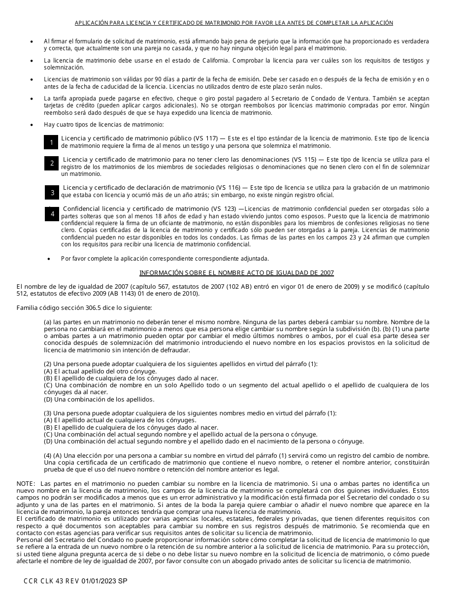 Formulario CCR CLK43 Solicitud De Licencia Publica De Matrimonio Debe Ser Legible - Ventura County, California (Spanish), Page 1
