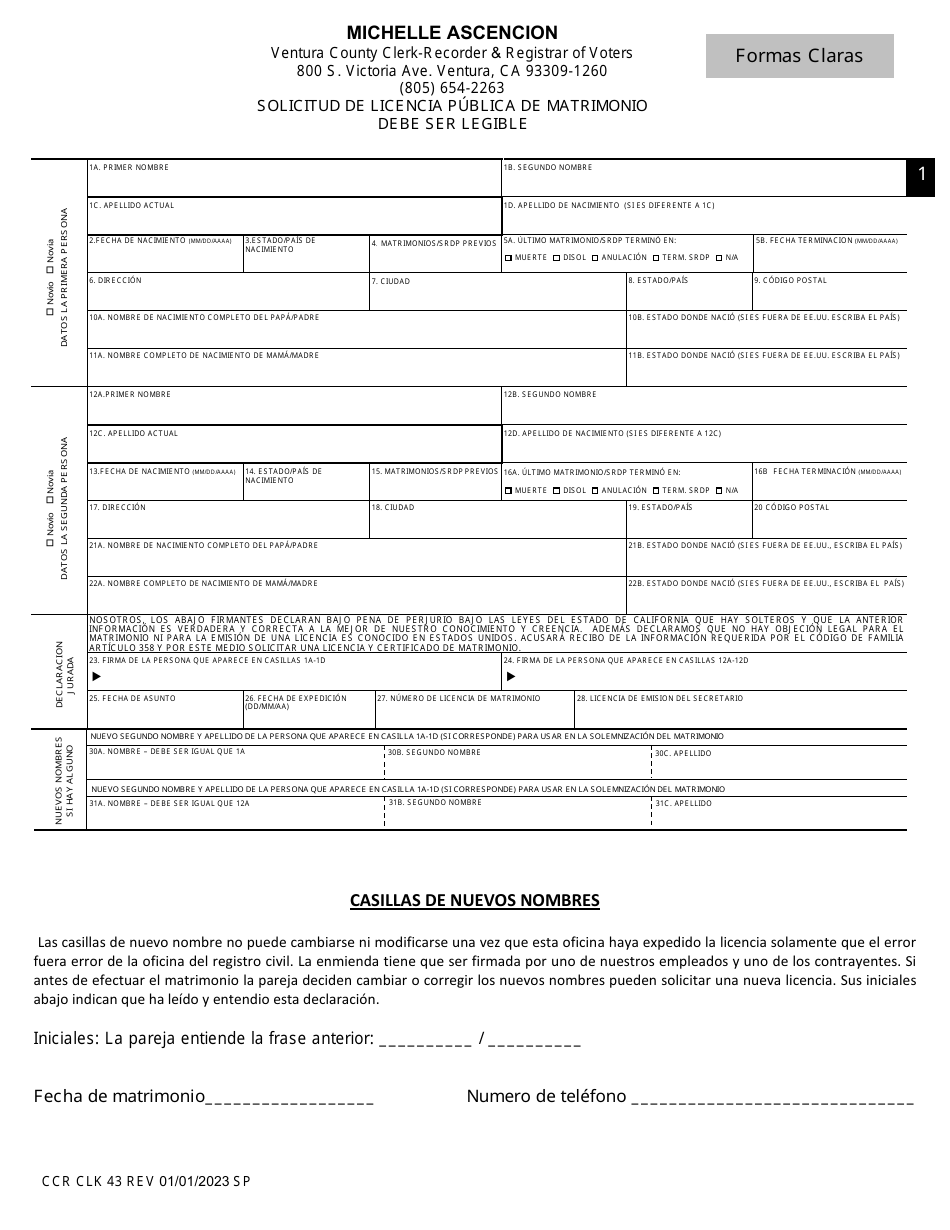Formulario CCR CLK43 Solicitud De Licencia Publica De Matrimonio Debe Ser Legible - Ventura County, California (Spanish), Page 2