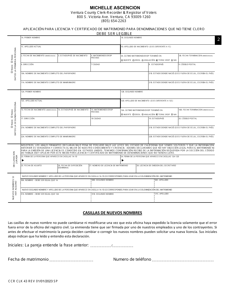 Formulario CCR CLK43 Solicitud De Licencia Publica De Matrimonio Debe Ser Legible - Ventura County, California (Spanish), Page 3