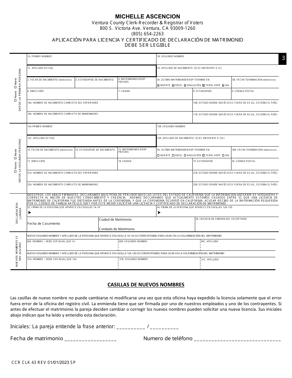 Formulario CCR CLK43 Solicitud De Licencia Publica De Matrimonio Debe Ser Legible - Ventura County, California (Spanish), Page 4