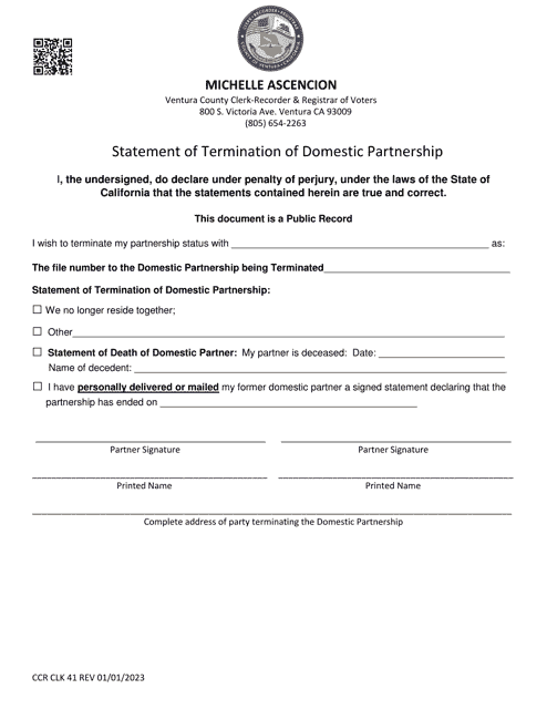Form CCR CLK41 Statement of Termination of Domestic Partnership - Ventura County, California