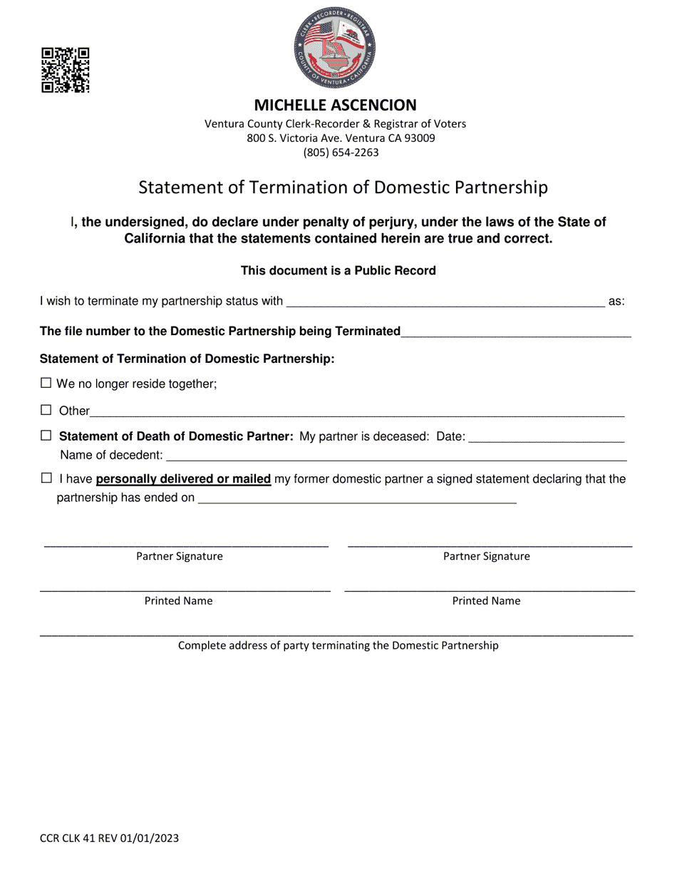 Form CCR CLK41 Statement of Termination of Domestic Partnership - Ventura County, California, Page 1