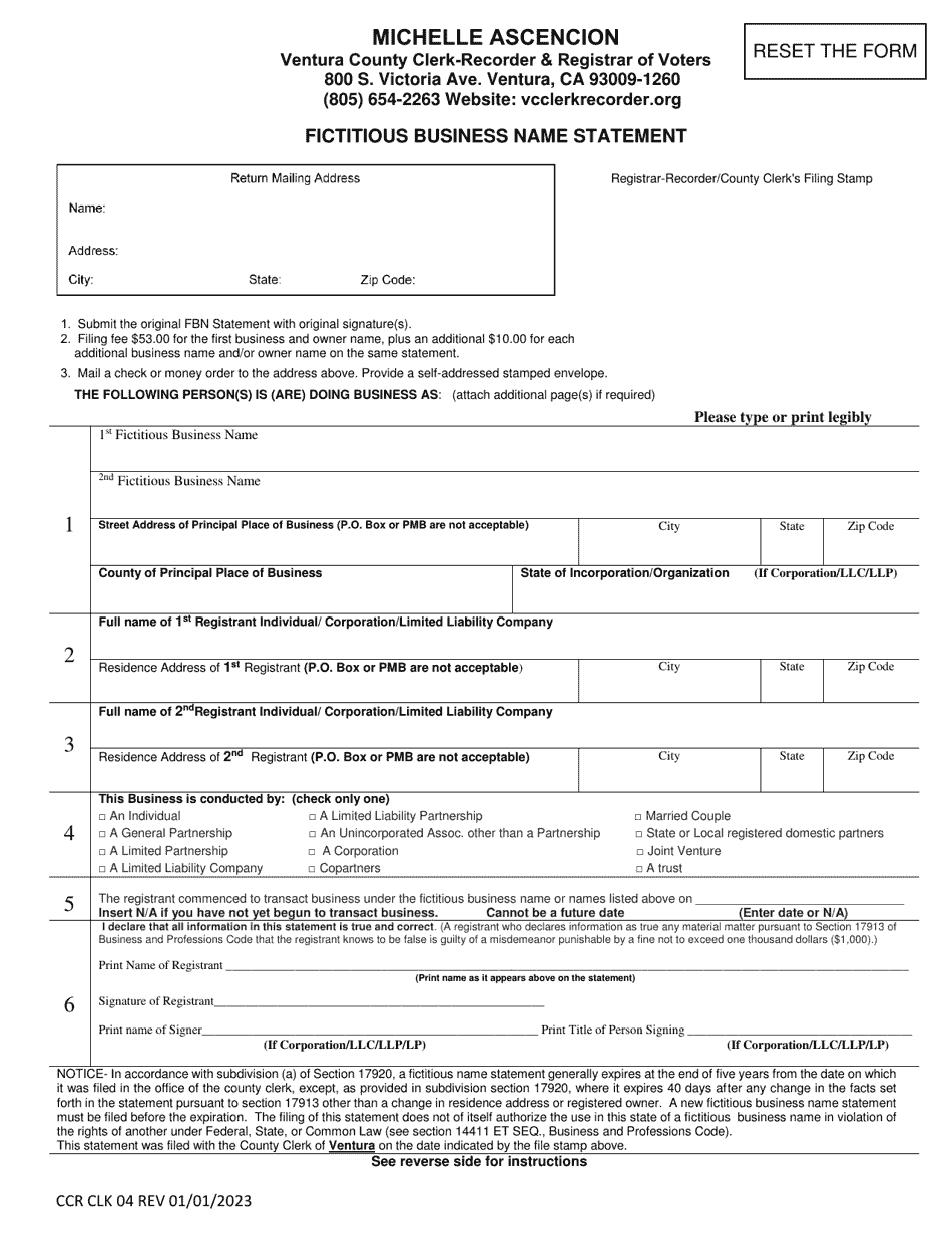 Form CCR CLK04 Fictitious Business Name Statement - Ventura County, California, Page 1