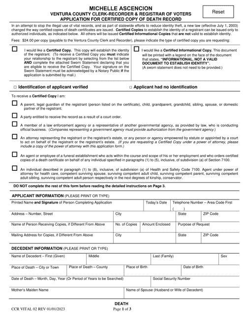 Form CCR VITAL02 Application for Certified Copy of Death Record - Ventura County, California
