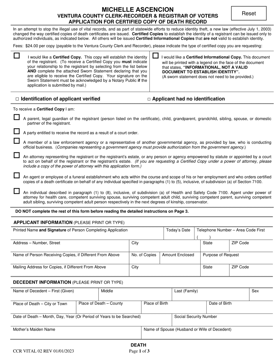 Form CCR VITAL02 Application for Certified Copy of Death Record - Ventura County, California, Page 1