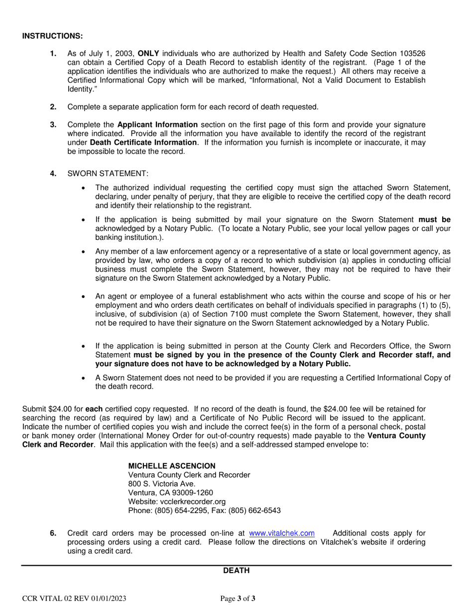 Form CCR VITAL02 Application for Certified Copy of Death Record - Ventura County, California, Page 3