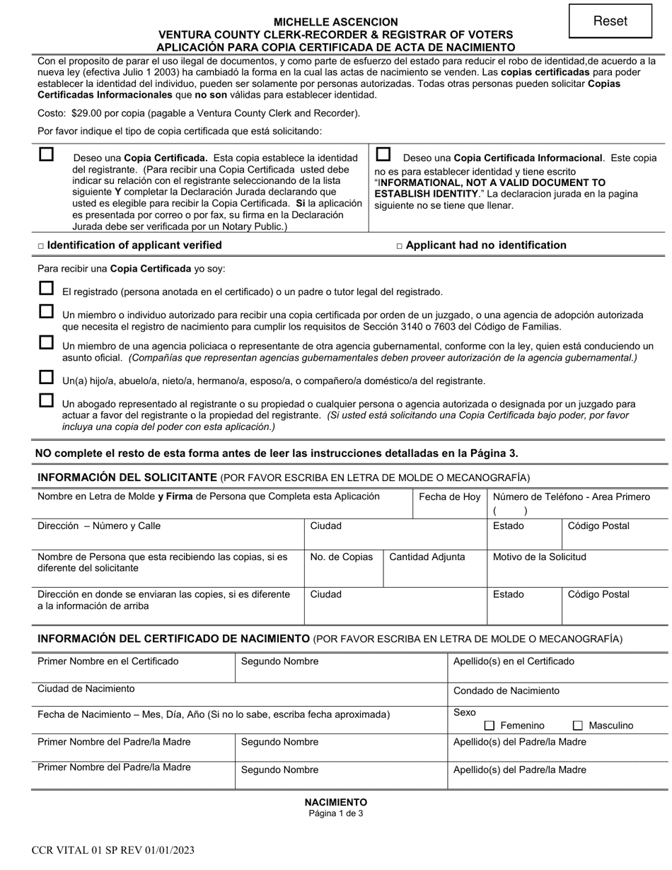 Formulario CCR VITAL01 Aplicacion Para Copia Certificada De Acta De Nacimiento - Ventura County, California (Spanish), Page 1
