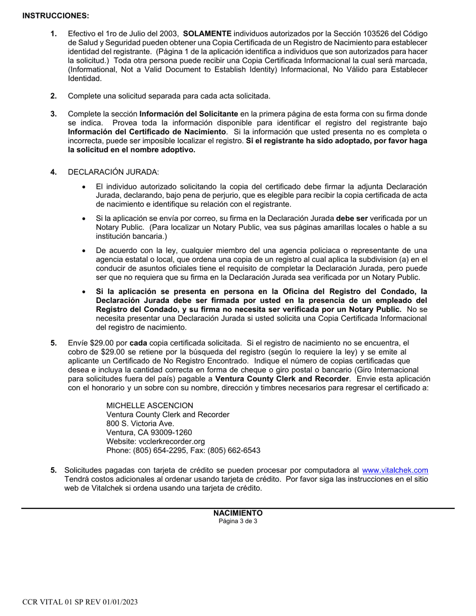 Formulario CCR VITAL01 Aplicacion Para Copia Certificada De Acta De Nacimiento - Ventura County, California (Spanish), Page 3