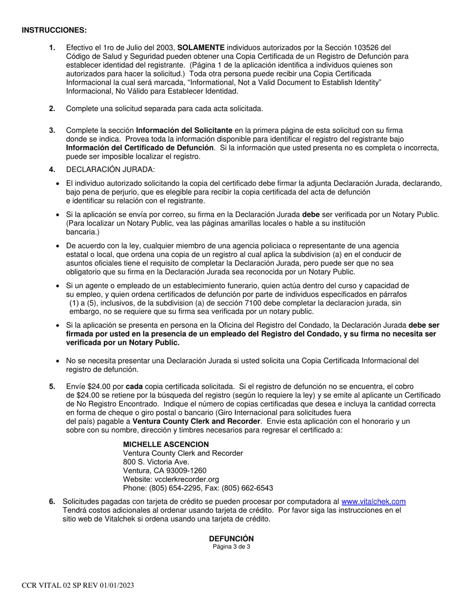 Formulario CCR VITAL02 Aplicacion Para Copia Certificada De Acta De Defuncion - Ventura County, California (Spanish), Page 3