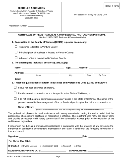 Form CCR CLK36 Certificate of Registration as a Professional Photocopier Individual - Ventura County, California