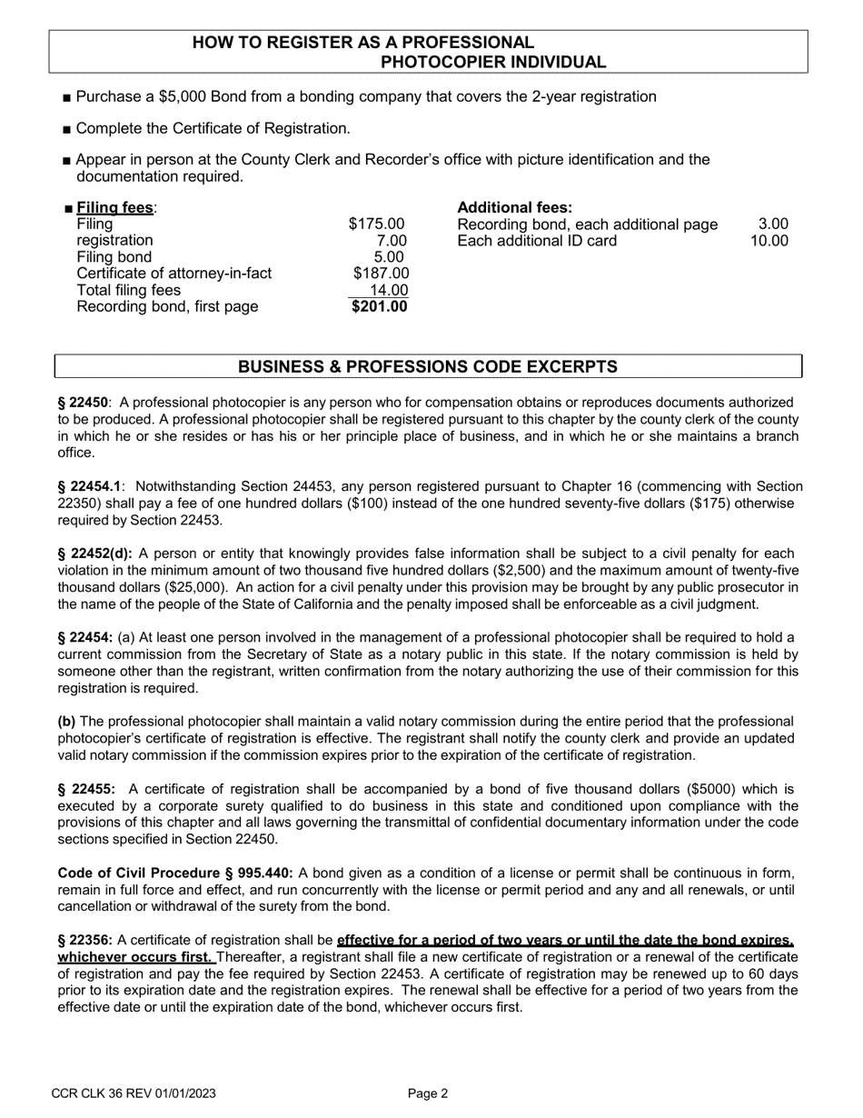 Form CCR CLK36 Certificate of Registration as a Professional Photocopier Individual - Ventura County, California, Page 2