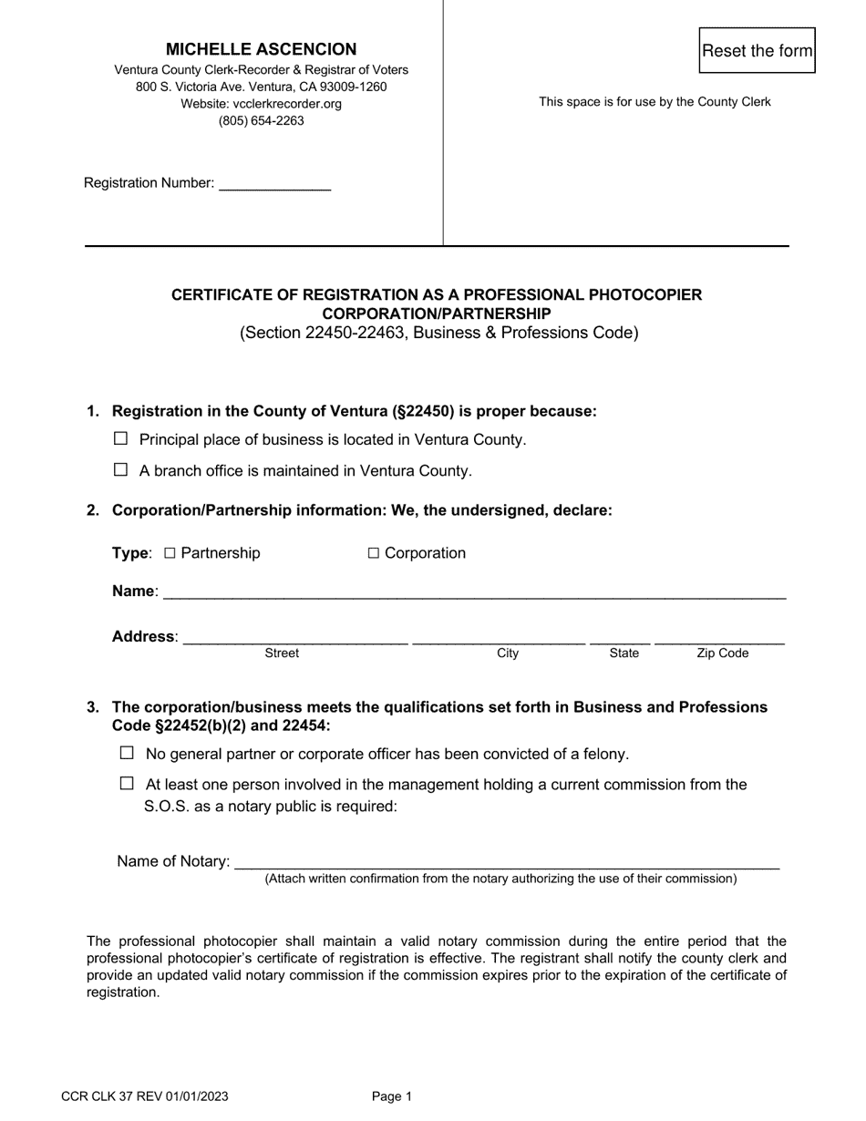 Form CCR CLK37 Certificate of Registration as a Professional Photocopier Corporation / Partnership - Ventura County, California, Page 1