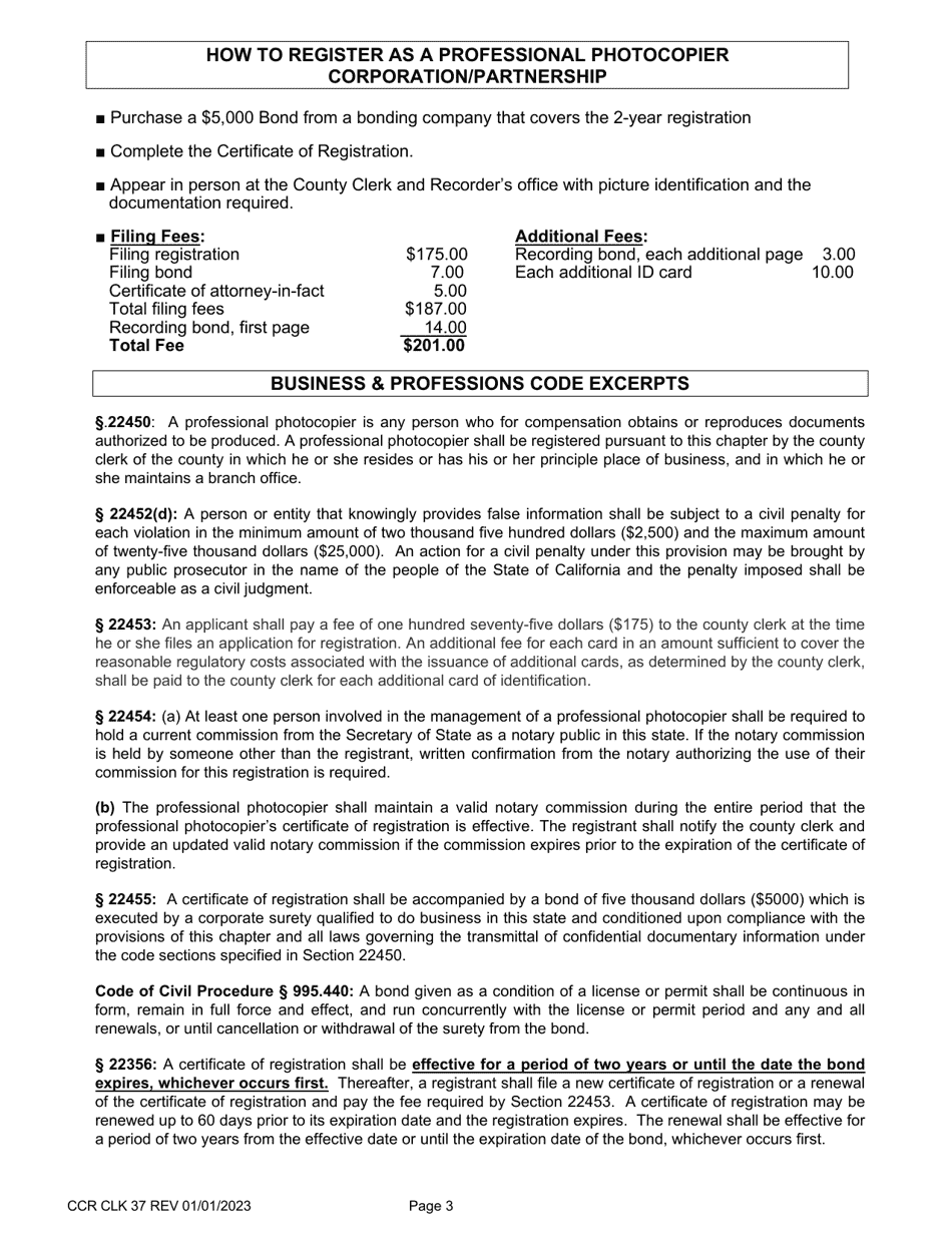 Form CCR CLK37 Certificate of Registration as a Professional Photocopier Corporation / Partnership - Ventura County, California, Page 3