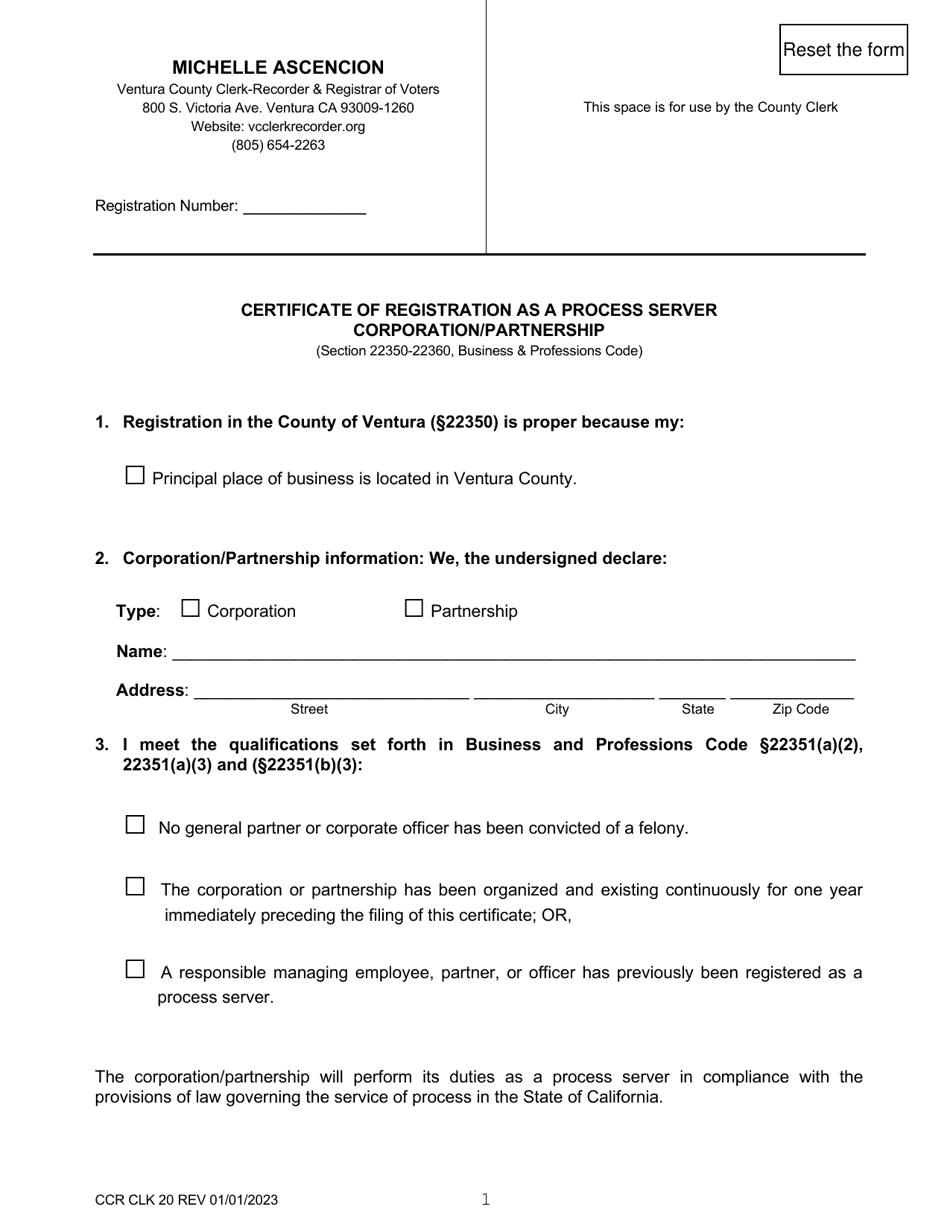 Form CCR CLK20 Certificate of Registration as a Process Server - Corporation / Partnership - Ventura County, California, Page 1