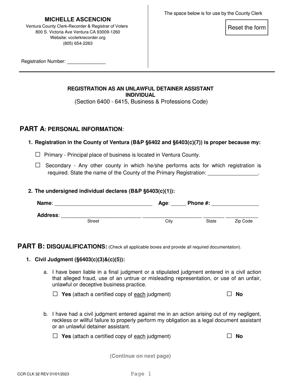 Form CCR CLK32 Registration as an Unlawful Detainer Assistant - Individual - Ventura County, California, Page 1