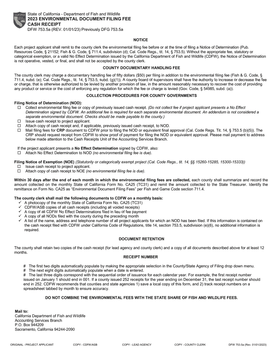 Form DFW753.5A Environmental Document Filing Fee Cash Receipt - California, Page 2