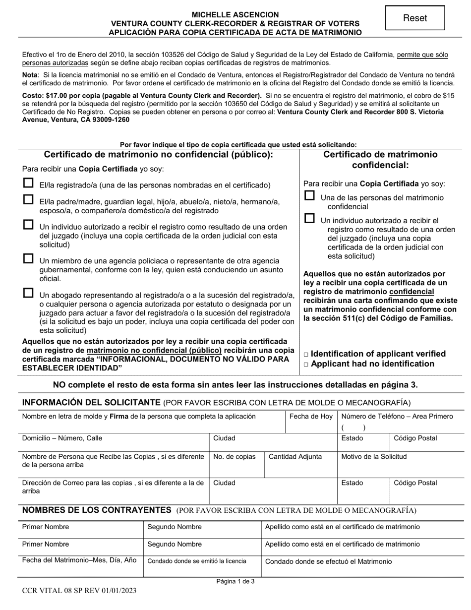 Formulario CCR VITAL08 Aplicacion Para Copia Certificada De Acta De Matrimonio - Ventura County, California (Spanish), Page 1