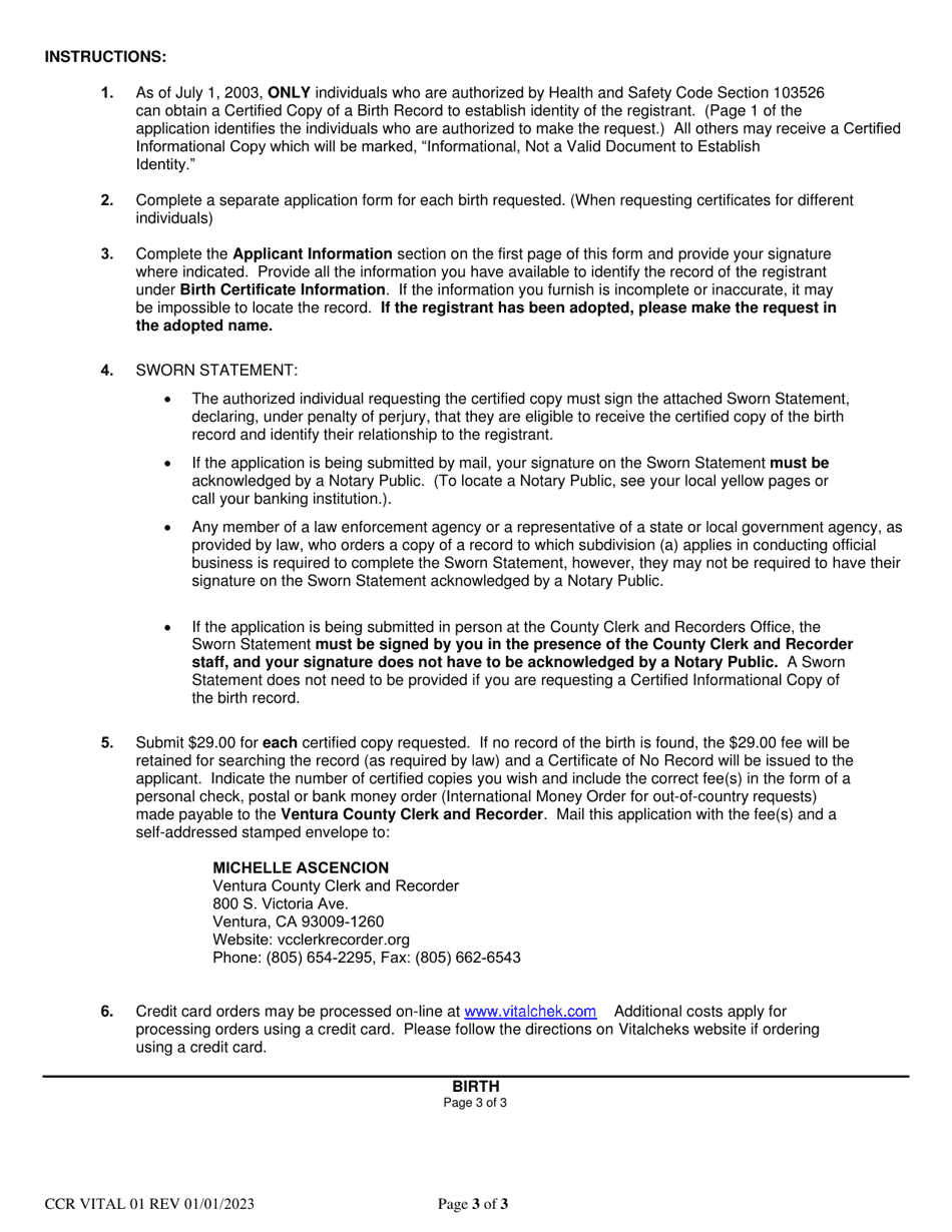 Form CCR VITAL01 Application for Certified Copy of Birth Record - Ventura County, California, Page 3
