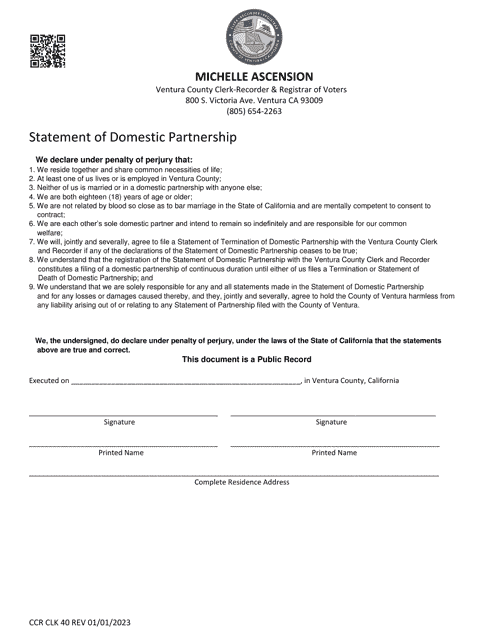 Form CCR CLK40 Statement of Domestic Partnership - Ventura County, California