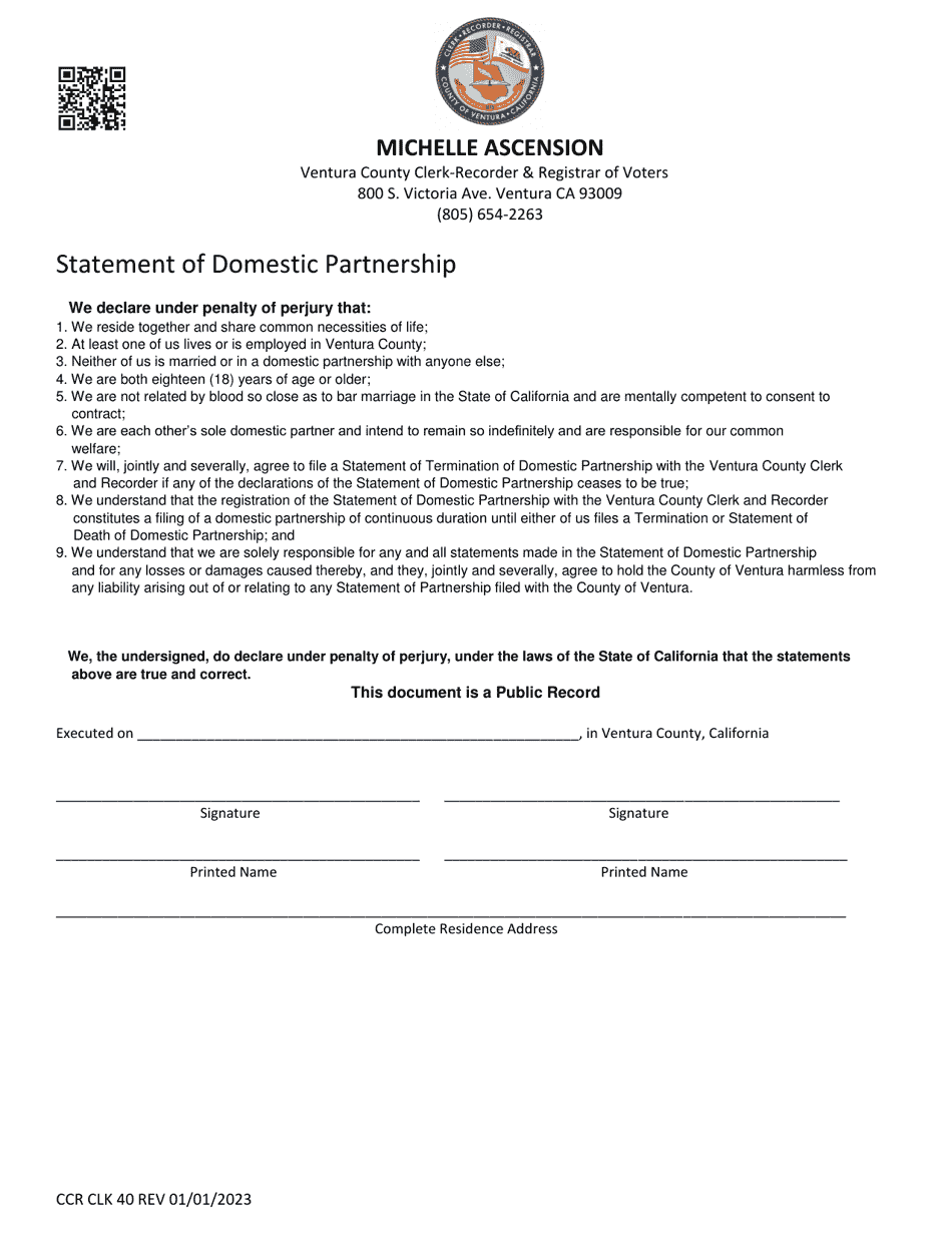 Form CCR CLK40 Statement of Domestic Partnership - Ventura County, California, Page 1