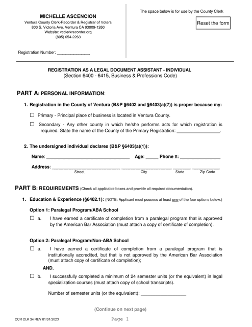 Form CCR CLK34 Registration as a Legal Document Assistant - Individual - Ventura County, California
