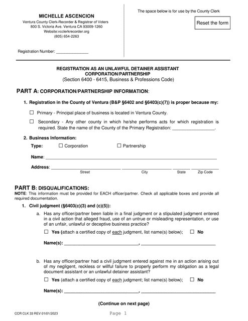 Form CCR CLK33 Registration as an Unlawful Detainer Assistant - Corporation/Partnership - Ventura County, California