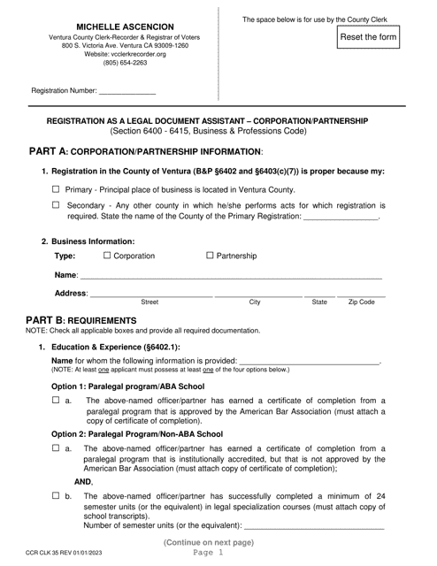 Form CCR CLK35 Registration as a Legal Document Assistant " Corporation/Partnership - Ventura County, California