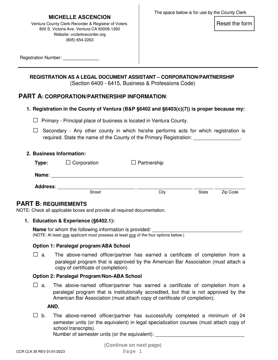Form CCR CLK35 Registration as a Legal Document Assistant  Corporation / Partnership - Ventura County, California, Page 1