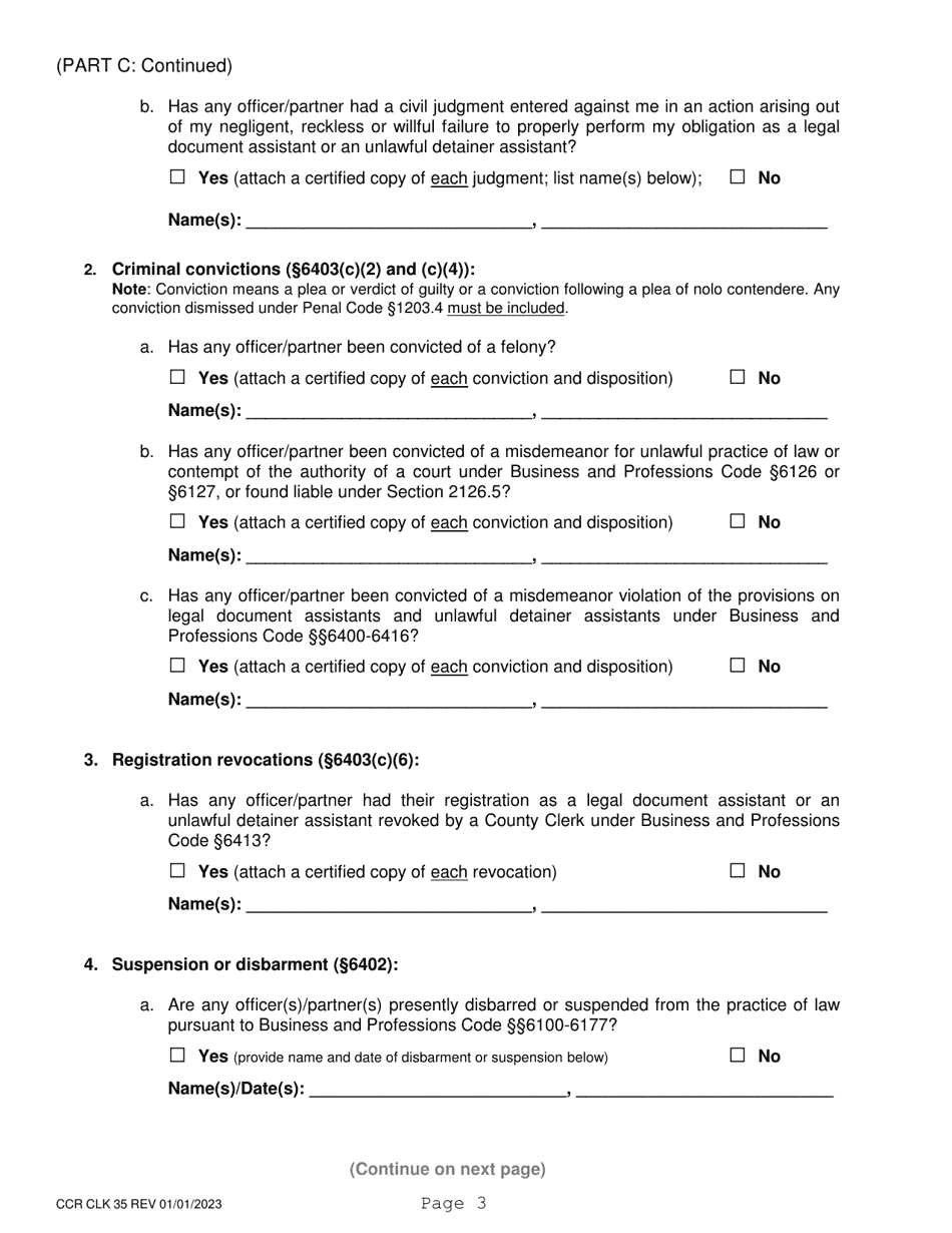 Form CCR CLK35 Registration as a Legal Document Assistant  Corporation / Partnership - Ventura County, California, Page 3
