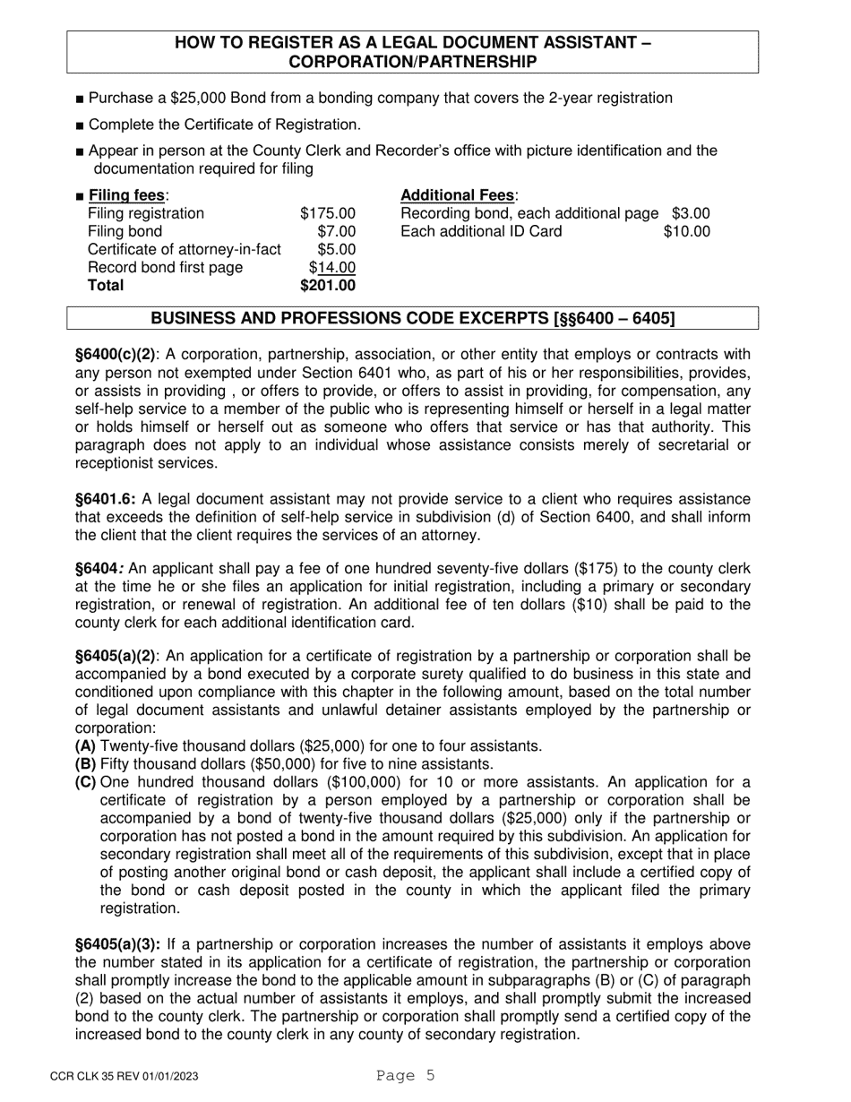 Form CCR CLK35 Registration as a Legal Document Assistant  Corporation / Partnership - Ventura County, California, Page 5