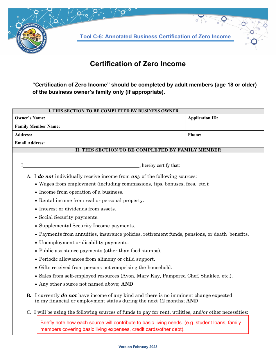 Form C-6 Tool C-6: Annotated Business Certification of Zero Income - California, Page 1