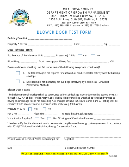 Blower Door Test Form - Okaloosa County, Florida Download Pdf