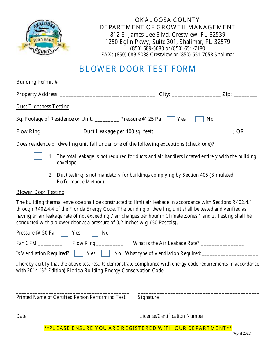 Blower Door Test Form - Okaloosa County, Florida, Page 1