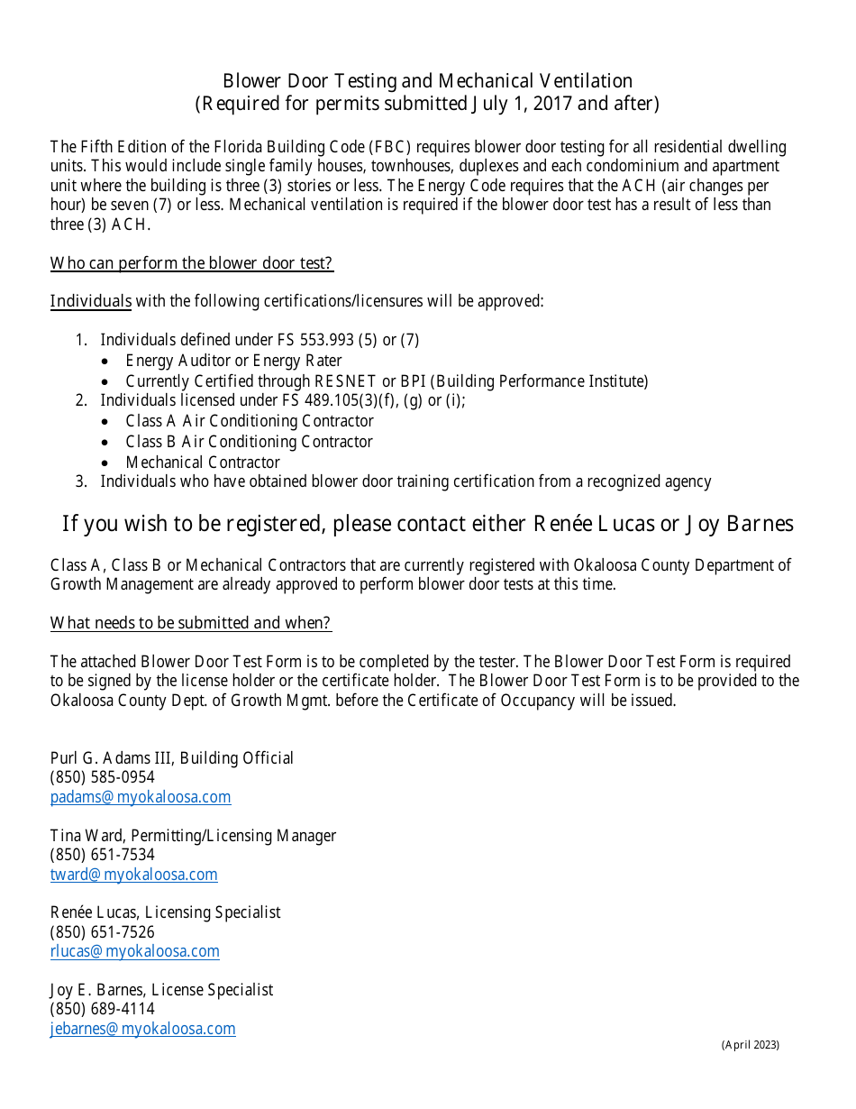 Blower Door Test Form - Okaloosa County, Florida, Page 2