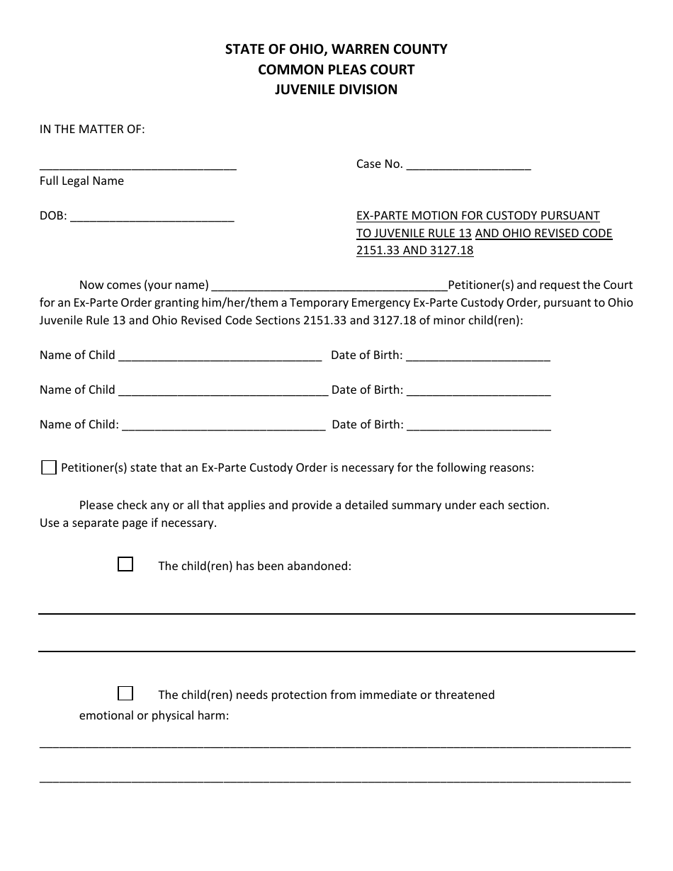 Warren County, Ohio Motion for Ex-parte Emergency Custody - Fill Out ...