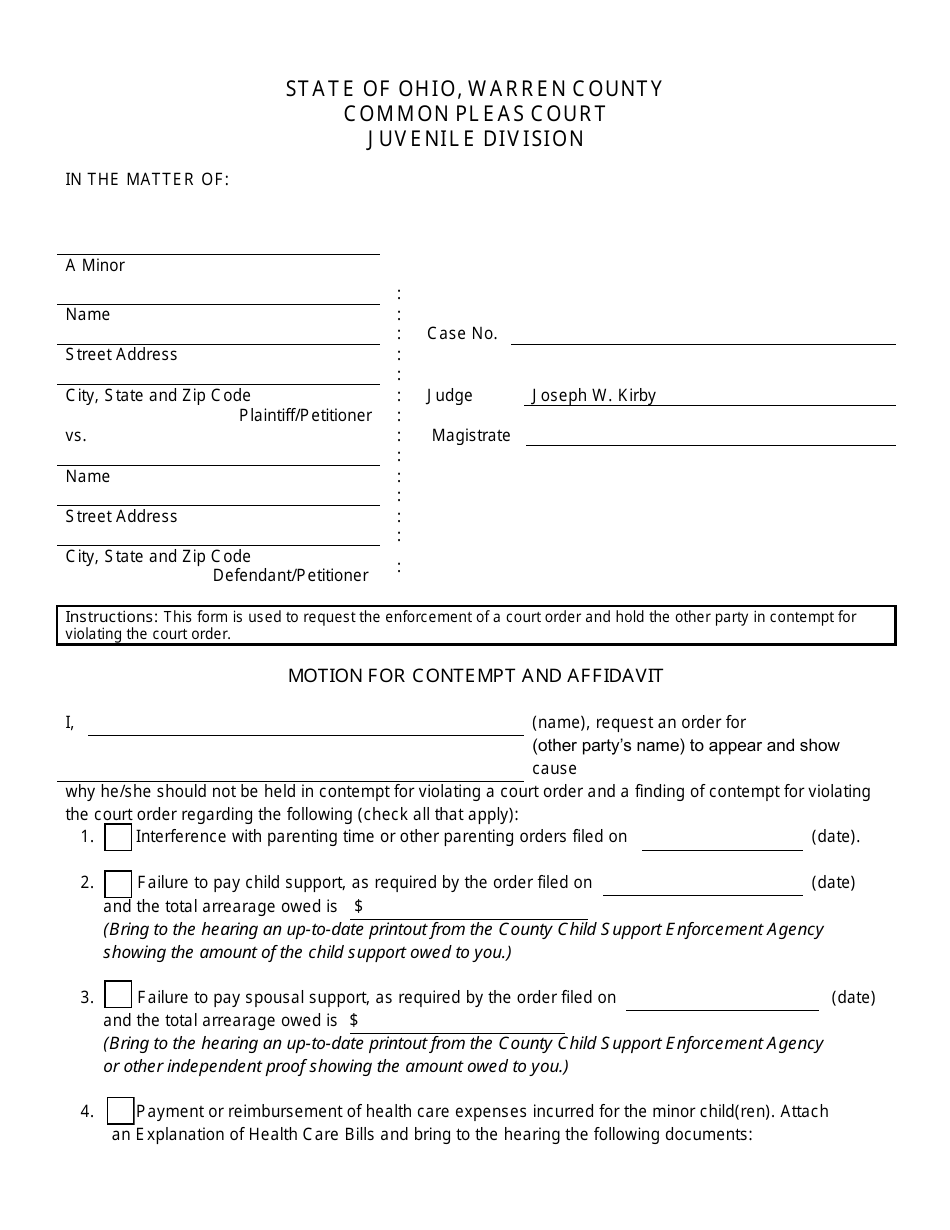 Warren County, Ohio Motion for Contempt and Affidavit - Fill Out, Sign ...