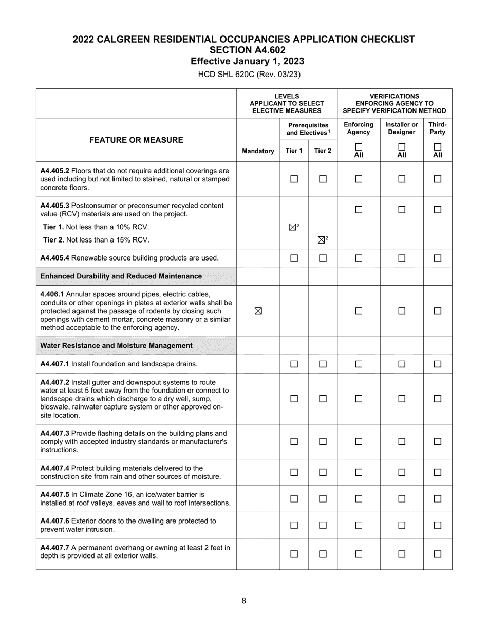 Form HCD SHL620C Residential Occupancies Application Checklist - California, Page 8