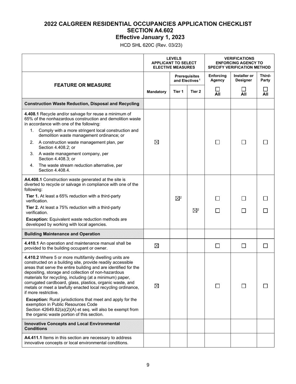 Form HCD SHL620C Residential Occupancies Application Checklist - California, Page 9