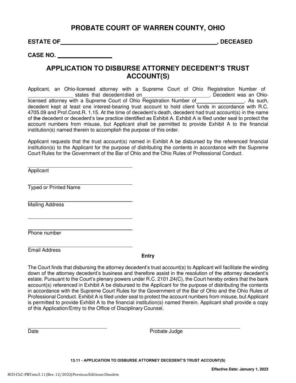 Form 13.11 (SCO-CLC-PBT00) Application to Disburse Attorney Decedents Trust Account(S) - Warren County, Ohio, Page 1