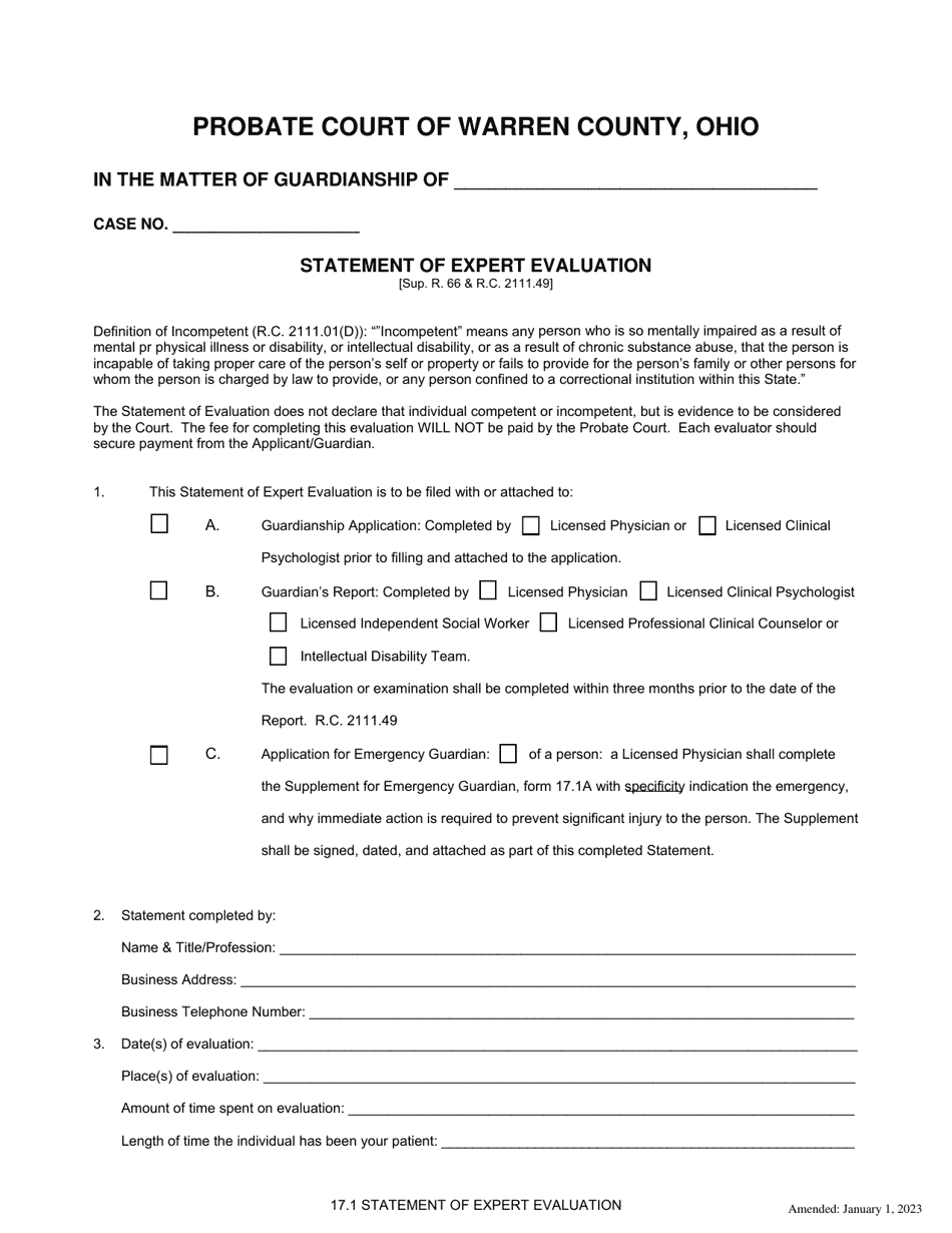 Form 17.1 Statement of Expert Evaluation - Warren County, Ohio, Page 1