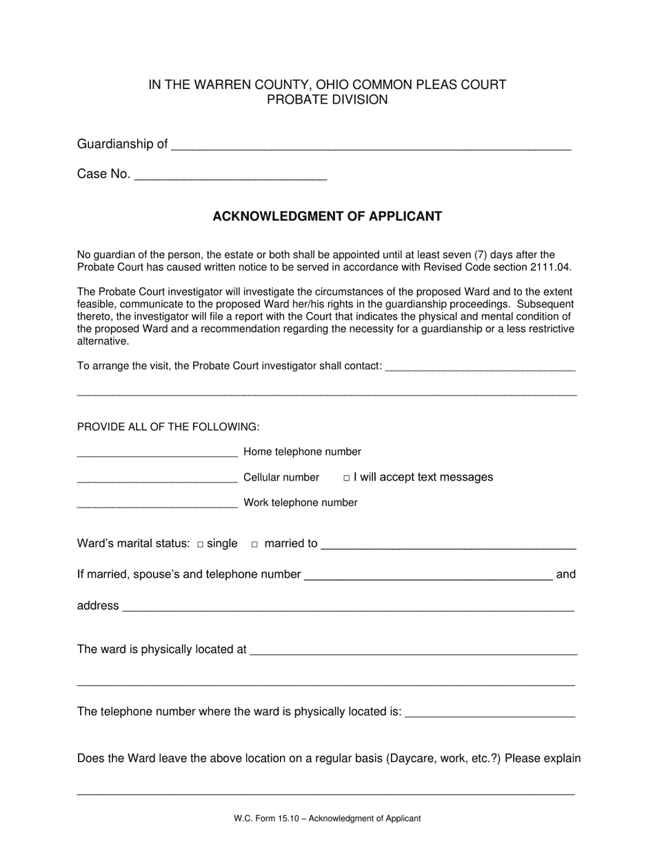 Form 15.10 Acknowledgment of Applicant - Warren County, Ohio, Page 1