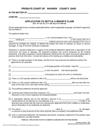 Document preview: Form 22.0 (SCO-CLC-PBT0022.0) Application to Settle a Minor's Claim and Entry Setting Hearing - Warren County, Ohio