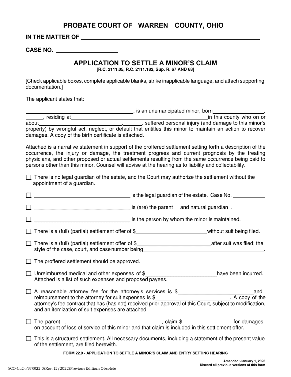 Form 22.0 (SCO-CLC-PBT0022.0) Application to Settle a Minors Claim and Entry Setting Hearing - Warren County, Ohio, Page 1